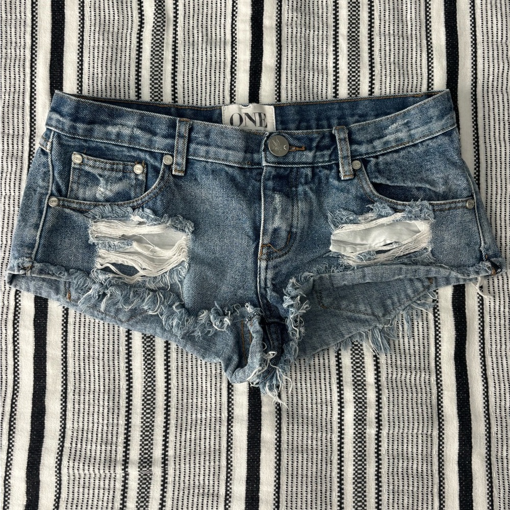One Teaspoon Frayed Blue Jean Shorts